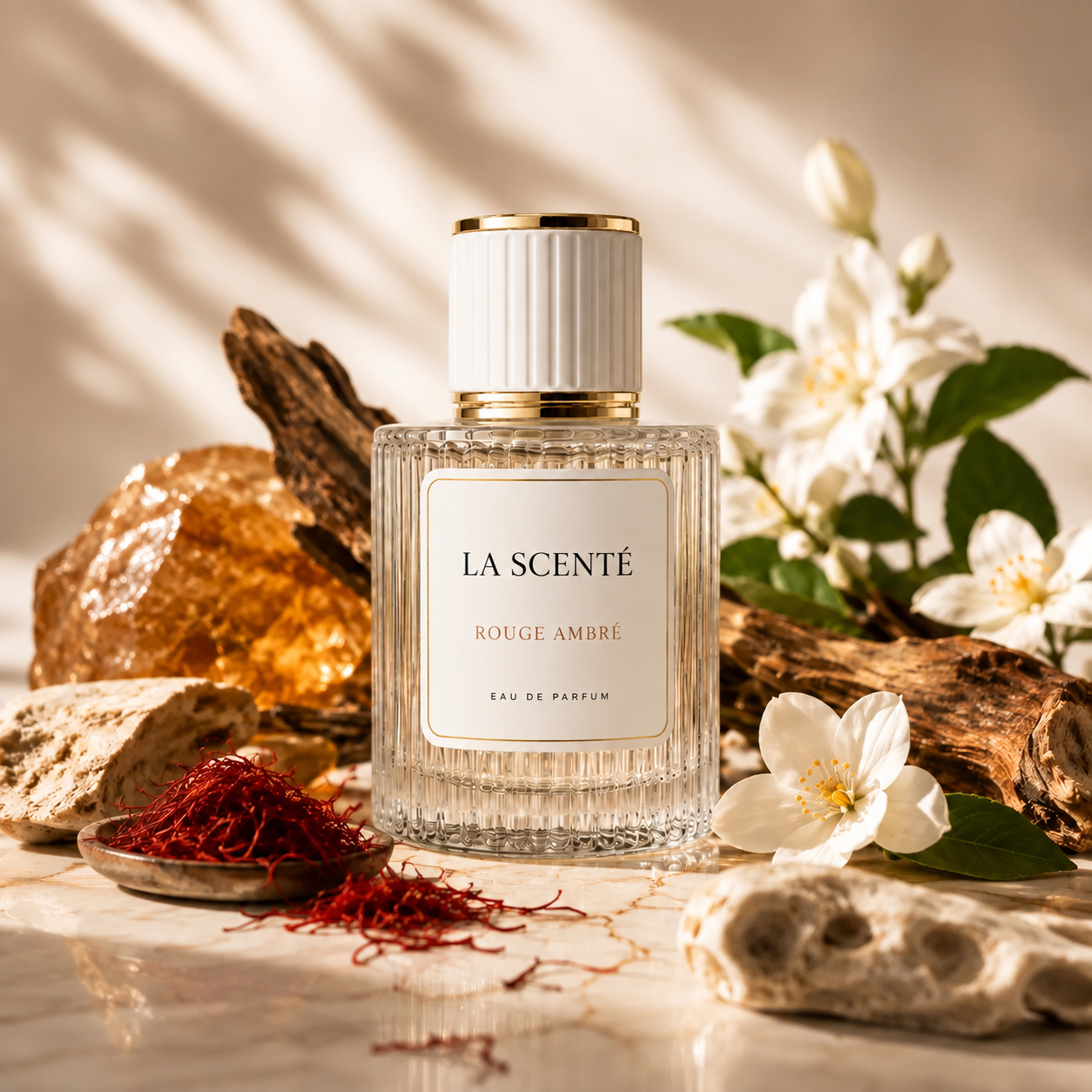 Rouge Ambré eau de parfum by La Scenté — a gold-labelled keepsake bottle of saffron, jasmine, amber and agarwood fragrance