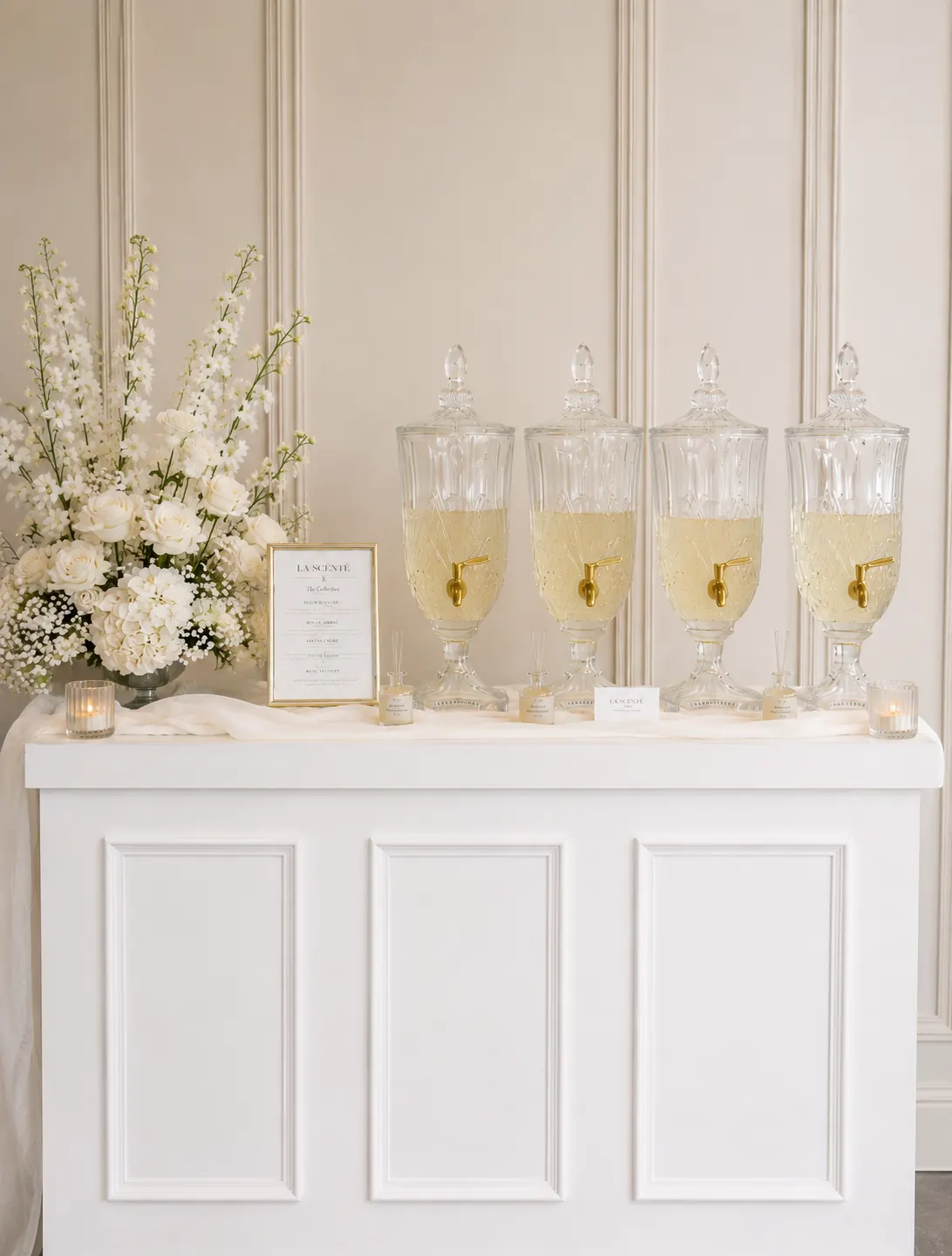 La Scenté luxury perfume bar in Melbourne, styled with crystal fragrance dispensers, white florals and keepsake bottles ready for guests